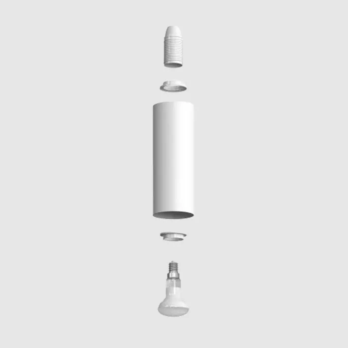 Darc — Image montrant les pièces détachées d'un éclairage encastré blanc : un corps cylindrique, une douille filetée, une pièce intermédiaire et un cu