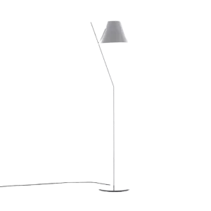Darc — Une lampe blanche au design épuré, composée d’un pied métallique fin et d’un abat-jour triangulaire en forme de marches, posée sur un fond noir