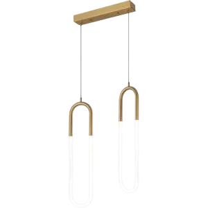 Darc — Deux luminaires suspendus en forme de U, l’un doré et l’autre blanc, fixés à une structure métallique noire, créant un effet minimaliste et con