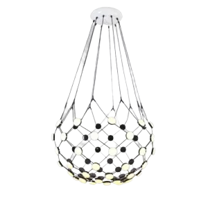 Darc — Applique murale en forme de boule de cristal composée de nombreux petits éléments translucides, suspendue par des fils fins et éclairée par en