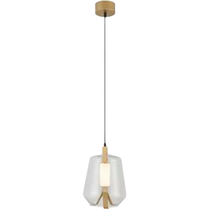 Darc — Applique murale suspendue composée d’un tube métallique doré et d’un abat-jour en forme de cube blanc, avec une base en bois clair et une lumiè