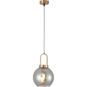 Darc — Applique murale design suspendue au plafond, composée d'une base carrée dorée et d'une ampoule transparente en forme de globe émettant une lumi