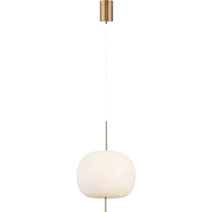 Darc — Applique murale suspendue en forme de globe blanc translucide, fixée par un câble doré et une fixation murale dorée sur fond noir.