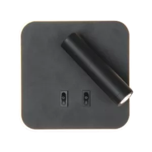 Darc — Un support mural noir rectangulaire doté de deux connecteurs USB et d'une prise électrique sur le côté gauche, avec une forme ergonomique pour