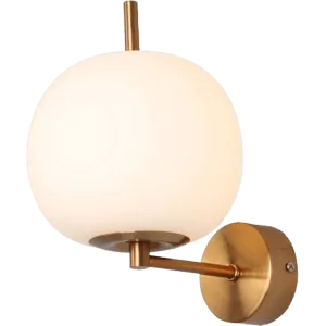 Darc — Applique murale fixée au mur avec un bras doré supportant une sphère lumineuse blanche translucide, style épuré et contemporain
