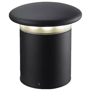 Darc — Projecteur extérieur de forme cylindrique avec un couvercle noir et une bande dorée autour du haut, monté sur une base noire
