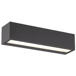 Darc — Applique murale rectangulaire en métal gris clair avec éclairage LED linéaire intégré, fixée sur un fond noir, offrant une lumière douce et uni