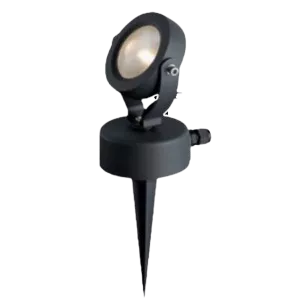 Darc — Un projecteur extérieur noir design, orientable, avec une lumière blanche dirigée vers le haut, monté sur un support fin et stable, idéal pour