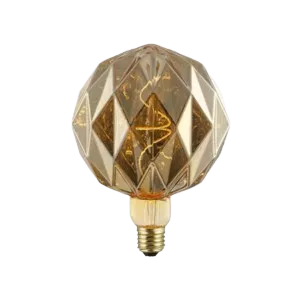 Darc — Une ampoule à vis classique avec un abat-jour en forme de polyèdre géométrique transparent et doré, évoquant une lumière chaude et élégante.