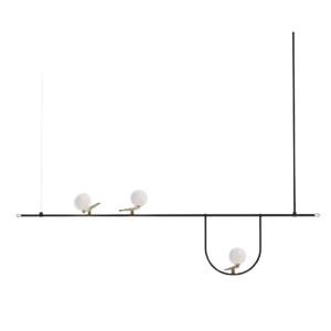 Darc — Une suspension luminaire design minimaliste composée de deux bras métalliques blancs soutenant une structure rectangulaire noire avec trois lum