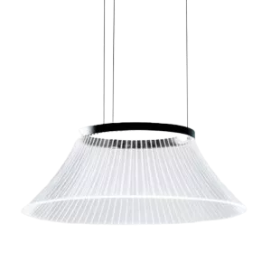 Darc — Applique murale suspendue en métal chromé avec un abat-jour en verre strié blanc, fixée par deux tiges fines sur fond noir.