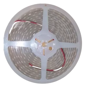 Darc — Un rouleau de bandeau LED blanc, flexible et segmenté en quatre parties, avec des fils rouges et blancs pour l’alimentation. La lumière diffuse