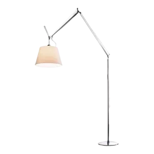 Darc — Une lampe murale design en métal blanc avec un bras articulé en forme de marches et un abat-jour blanc diffusant une lumière douce sur fond noi