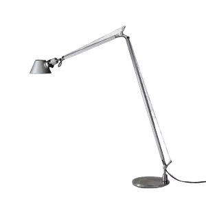 Darc — Lampe design sur fond noir avec un bras métallique articulé en forme d'escalier et un gradateur intégré sur le côté gauche, permettant d'ajuste