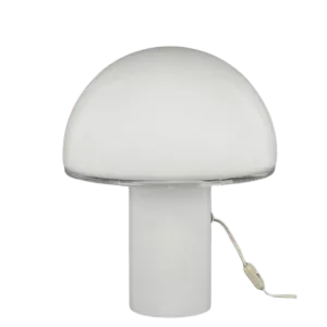 Darc — Lampe blanche en forme de champignon avec une base carrée et un pied étroit, posée sur un fond noir.