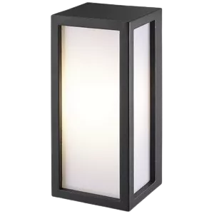 Darc — Un réverbère extérieur moderne en métal noir avec un cadre rectangulaire et une lumière blanche diffuse à l'intérieur, monté sur une base carré