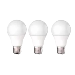 Darc — Trois ampoules LED blanches à visibilité E27, disposées côte à côte sur un fond noir, avec un effet visuel pixelisé autour de leur base.