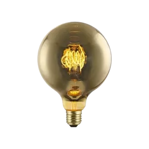 Darc — Une ampoule Edison vintage en verre clair avec un filament visible en forme de double hélice, émettant une lumière chaude dorée sur fond noir.