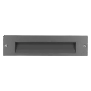 Darc — Une plinthe lumineuse rectangulaire en métal gris clair, fixée avec deux vis, intégrant un éclairage linéaire encastré pour un rendu lumineux s