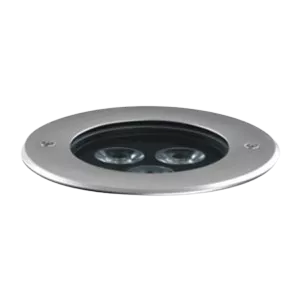 Darc — Projecteur encastré en métal argenté avec deux lentilles circulaires lumineuses, monté sur fond noir, idéal pour éclairage d’ambiance précis et