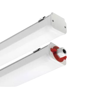 Darc — Un tube lumineux blanc de type néon LED, fixé à un support mural ou plafonnier avec une pièce de fixation rouge située à une extrémité