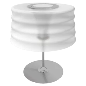 Darc — Lampe design en marbre blanc avec une base ronde et un pied fin, composée de plusieurs anneaux superposés et d'un abat-jour transparent
