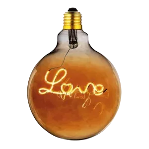 Darc — Une ampoule à vis classique en verre transparent, éclairée intérieurement avec une lumière dorée formant le mot 'Love' en écriture manuscrite é