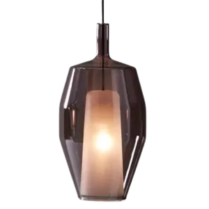 Darc — Applique murale suspendue en verre fumé teinté de brun avec une lumière chaude centrale, entourée d’une structure métallique géométrique en for