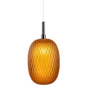 Darc — Applique murale suspendue en forme de citron translucide, doré et lumineux, fixée par une tige métallique sur fond noir.
