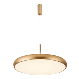 Darc — Applique murale suspendue avec un abat-jour circulaire doré et une structure blanche en métal, fixée au plafond sur un fond noir.
