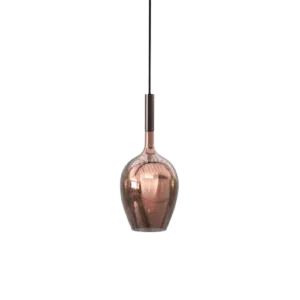 Darc — Un luminaire moderne en forme de cœur, suspendu par deux fils fins, avec une texture métallique et un rendu lumineux chaud, fixé au plafond.