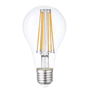 Darc — Ampoule LED imitant l'apparence d'une ampoule à filament classique, avec un culot standard et des fils chauffants visibles à l'intérieur, diffu