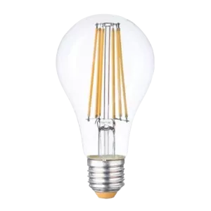 Darc — Ampoule LED avec filament visible en forme de larme, allumée, encastrée dans une douille standard E27, fond noir contrasté