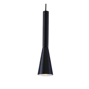 Darc — Lampe suspendue en métal noir et blanc, de forme cylindrique élancée avec une base évasée et un abat-jour étroit, posée sur un fond noir.