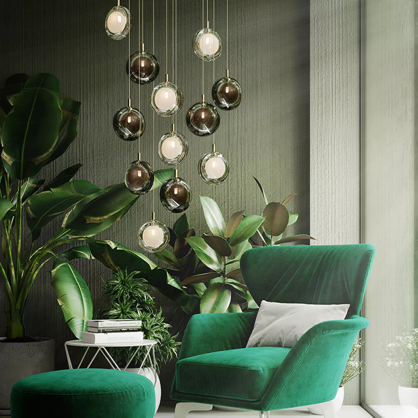 Darc — Un salon moderne avec un canapé et un fauteuil en velours vert turquoise, éclairé par un lustre suspendu composé de sphères lumineuses. Des pla