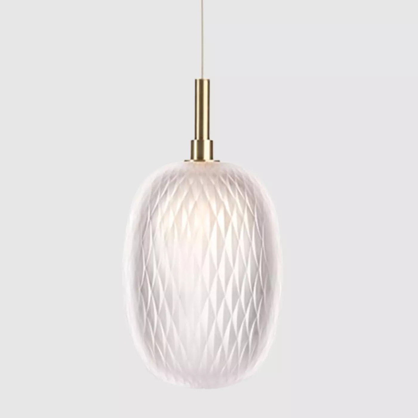 Darc — Applique suspendue au plafond avec un abat-jour ovale en tissu translucide blanc légèrement strié, fixée par une tige dorée métallique