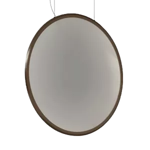 Darc — Miroir mural ovale encadré de bois clair avec une bordure géométrique en forme de dents de scie, suspendu sur fond noir