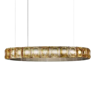 Darc — Applique murale suspendue en forme ovale avec un revêtement doré et des segments transparents, fixée par deux fines suspentes blanches sur fond