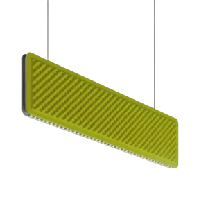 Darc — Une lampe murale suspendue en forme de rectangle jaune fluo avec des contours blancs, fixée par deux suspentes noires sur un fond sombre