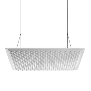 Darc — Applique suspendue blanche en forme rectangulaire avec une grille de petites LED lumineuses, fixée par deux câbles métalliques, sur fond noir.