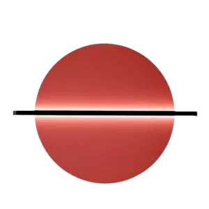 Darc — Un logo circulaire rouge bordé d’une fine ligne blanche en forme de croissant, posé sur un fond noir. La découpe géométrique évoque un design é