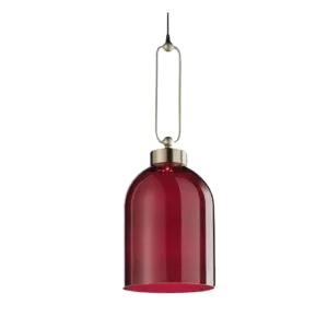 Darc — Applique murale suspendue en métal argenté avec un abat-jour rouge translucide en forme de cloche, fixée par une patte métallique.
