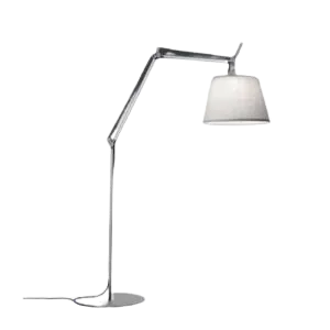 Darc — Lampe de bureau design en métal blanc avec un bras articulé et une abat-jour blanc, posée sur un fond noir.