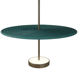Darc — Applique murale suspendue avec un disque circulaire turquoise aux motifs concentriques ondulés, fixée par une tige métallique chromée et une ba