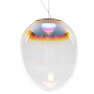 Darc — Un pendentif lumineux en forme de sphère translucide, suspendu par un fil métallique, diffusant un arc-en-ciel irisé à l'intérieur grâce à un e