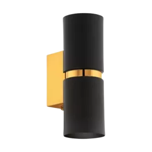 Darc — Applique murale design fixée au mur, composée d'un cylindre noir mat avec une bande dorée horizontale et une base carrée dorée, projetant une l