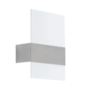 Darc — Applique murale en forme de L, blanche et métallique, fixée sur un mur noir avec une lumière diffuse sur le côté droit.