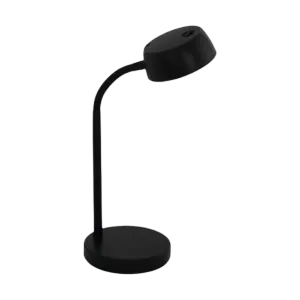 Darc — Une lampe de bureau noire avec un bras flexible et une tête orientable, posée sur une base ronde noire sur fond sombre.