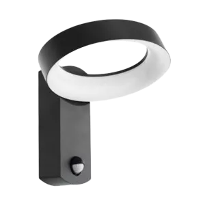 Darc — Applique murale en métal de couleur noire et blanche, fixée sur un mur, avec une forme circulaire et une lumière intégrée orientable.