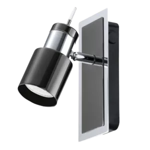 Darc — Un projecteur LED mural moderne en métal brossé et noir, orientable, fixé sur un boîtier encastrable gris clair, idéal pour un éclairage direct